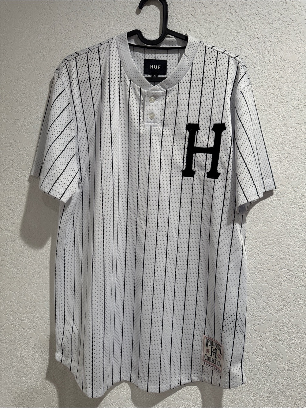 HUF White Pinstripe Baseball Jersey with Black 'H' Logo